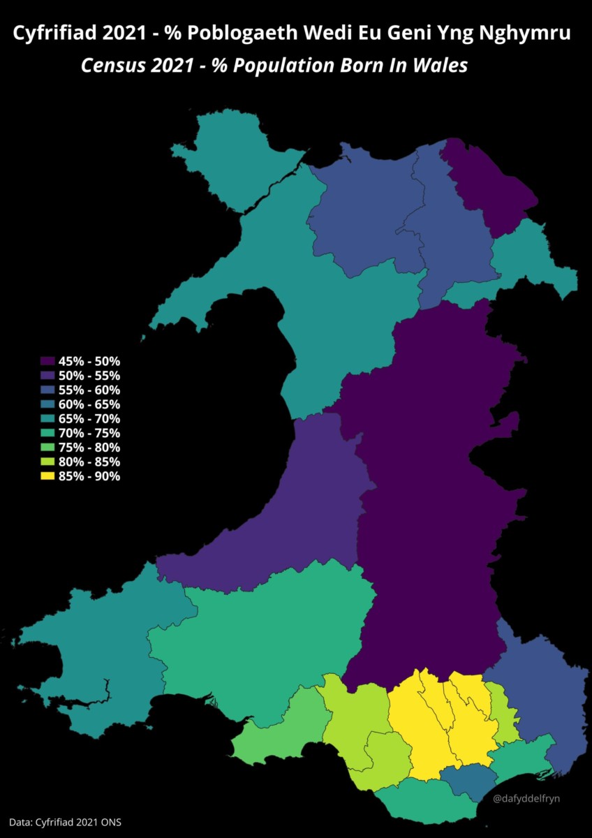 Cyfrifiad 2021 – % Y Poblogaeth Wedi Eu Geni Yng Nghymru